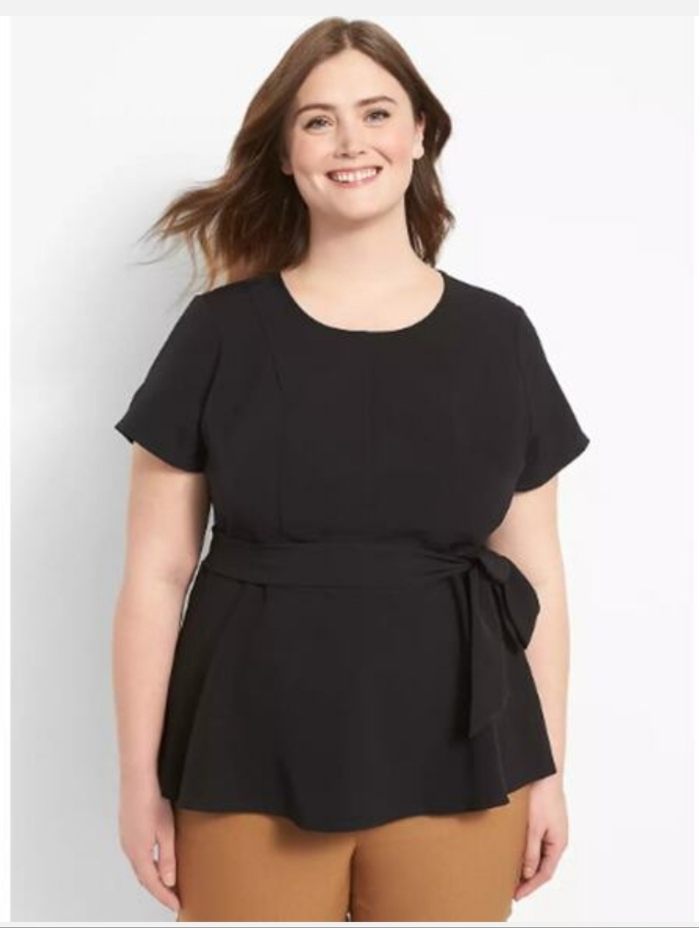 Lane Bryant Solid Black Classy Short Sleeve Tie Front Waist Peplum Top Size 24